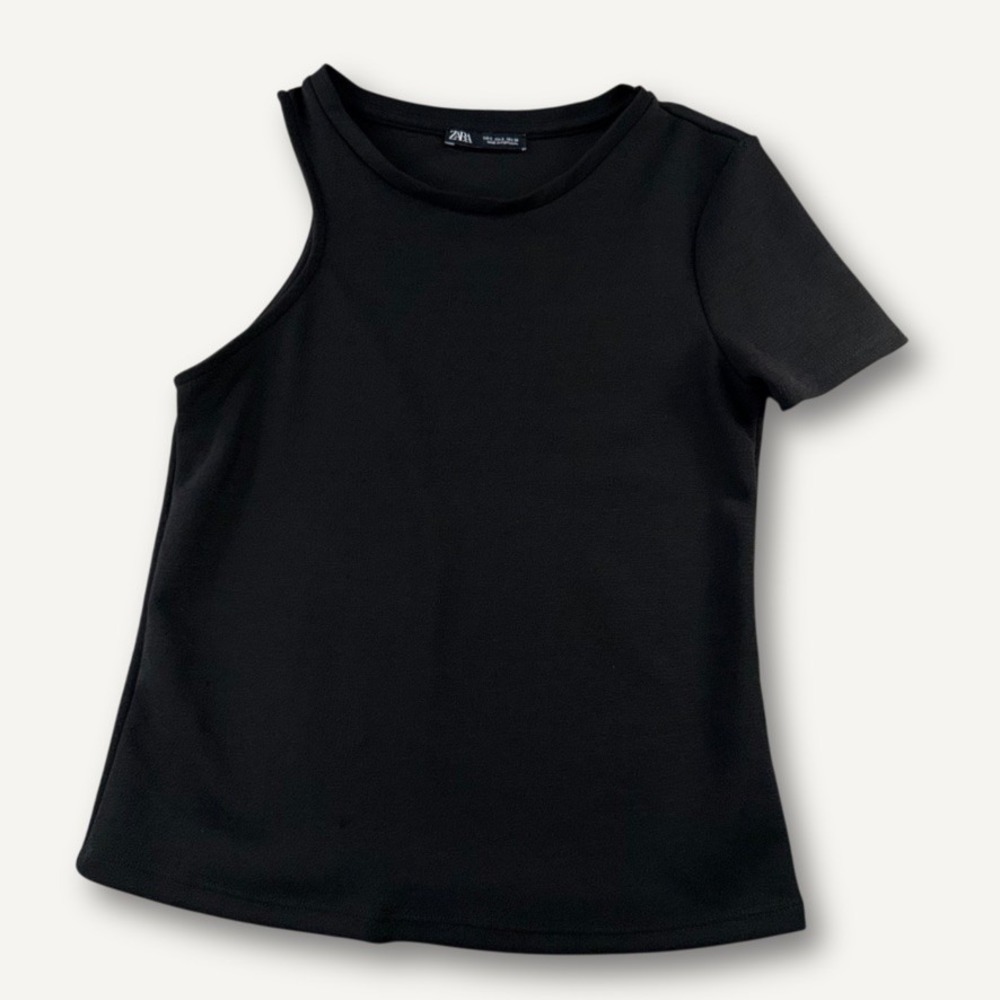 Zara One Shoulder Top Womens Small Black Asymmetrical Fitted Stretch